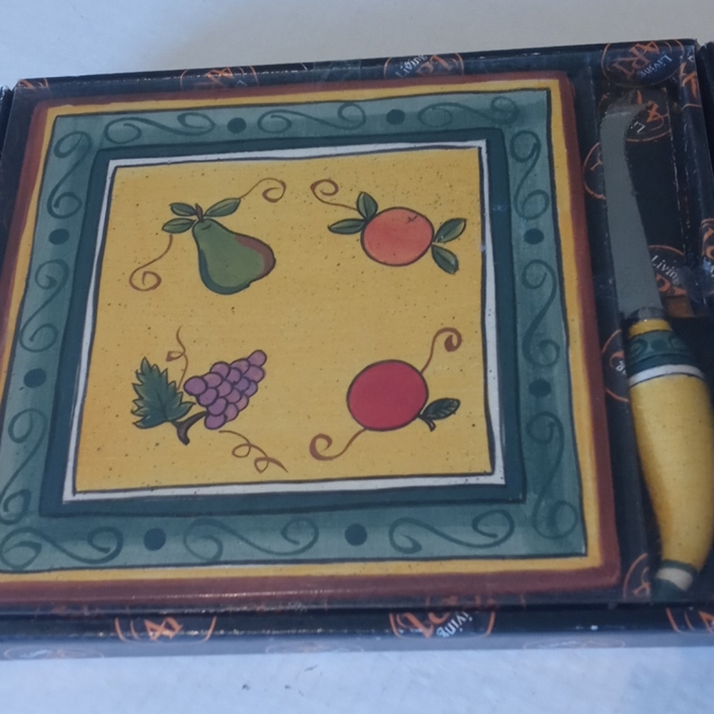 NEW IN BOX Set of Ceramic Trivet and Cheese Knife